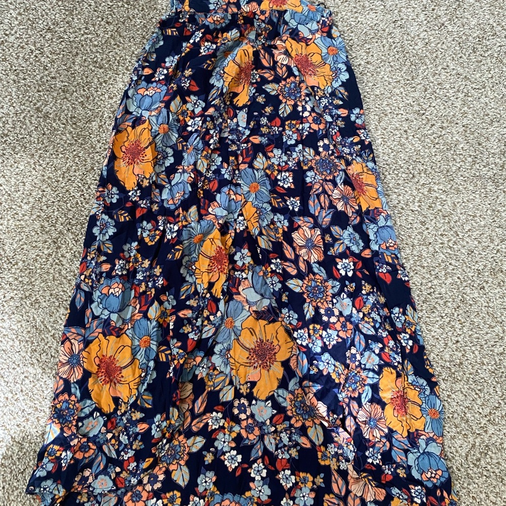 Rockin C women Floral Navy Maxi Skirt with Orange & Blue Blooms